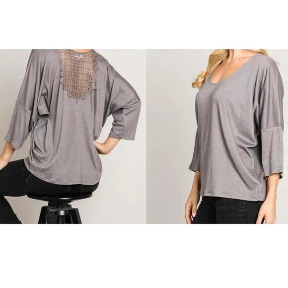 Cerule Gray Crinkle Knit Lace Back Top | Relaxed Fit Soft NWT S-L - Picture 9 of 9